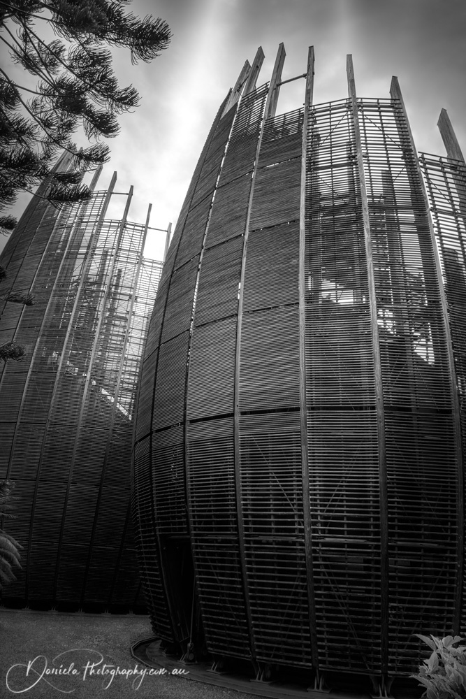 Tjibaou Cultural Centre -View in black and white of some of the building clusters